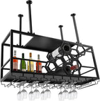 Ceiling Wine Glass Rack, Hanging Wine Rack with Glass Holder and Shelf, 2 Layer Industrial Iron Hanging Wine Bottle Holder, Metal Ceiling Shelf for Bar Cafe Kitchen, 39.4*11.8*15.8in (Black)