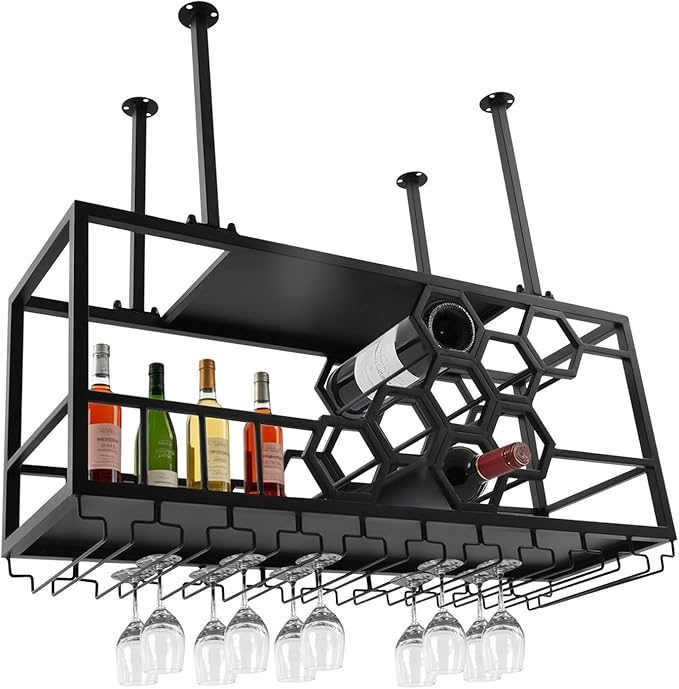 Ceiling Wine Glass Rack, Hanging Wine Rack with Glass Holder and Shelf, 2 Layer Industrial Iron Hanging Wine Bottle Holder, Metal Ceiling Shelf for Bar Cafe Kitchen, 39.4*11.8*15.8in (Black)