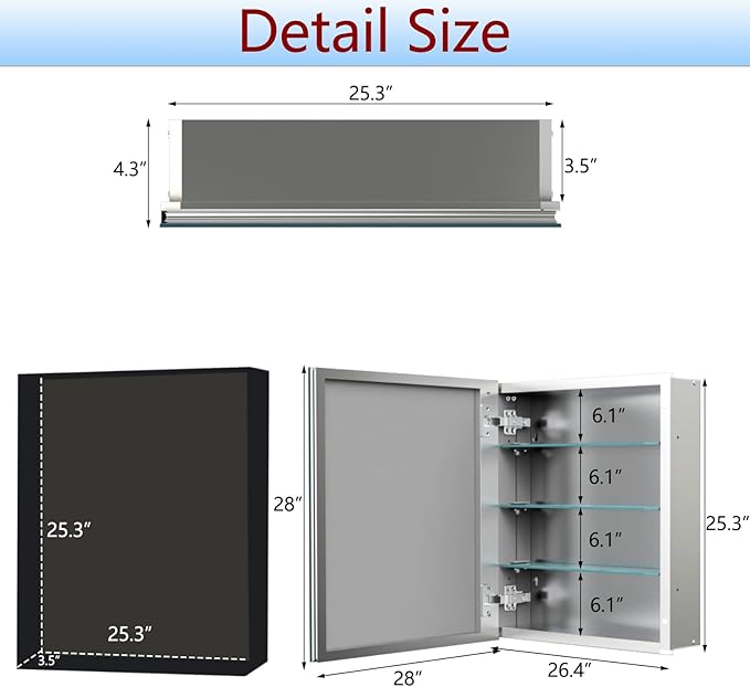 28x28 inch Medicine Cabinet Mirror with Storage, Aluminum Surface Mount or Recessed Medicine Cabinet with Adjustable Shelves for Bathroom Bedroom