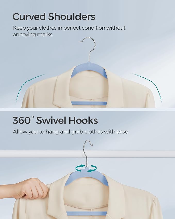SONGMICS Velvet Hangers 50 Pack, Non-Slip Clothes Hangers, Suit Hangers with Shoulder Notches, Pants Bar, 360° Swivel Hook, Space-Saving, for Closet, Pale Blue UCRF029Q05