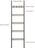 Blanket Ladder, 5-Tier Towel Holder with 4 Removable Hooks, Farmhouse Wall Leaning Decorative Rack Shelf, Wooden Towel Display Rack, Quilt Ladder for Living Room, Bedroom, Greige