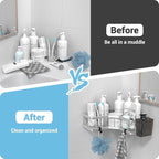 Corner Shower Caddy Shelf Rack: 2 Pack Adhesive Shower Organizer Essentials - No Drilling Stainless Steel Bathroom Storage Rack with Hooks and Toothpaste Holder