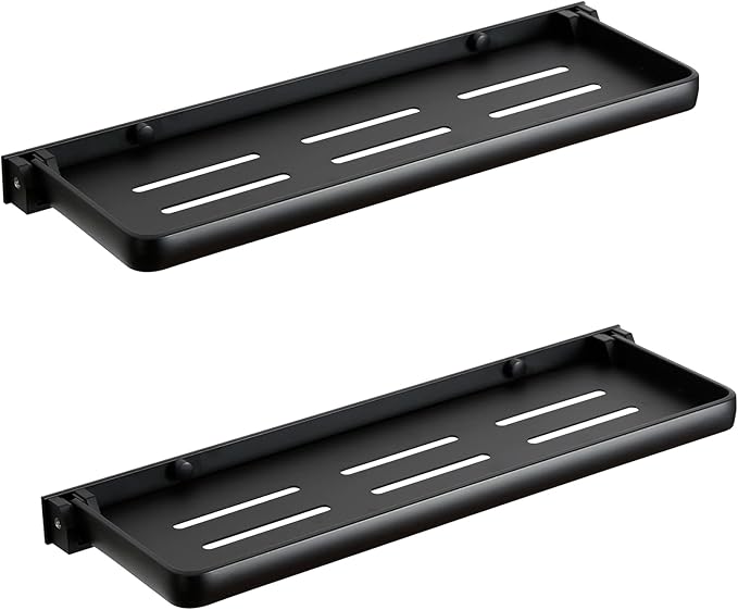 Folding Wall Shelf for Bathroom | 2-Tier Folding Metal Shelves | 90° Fold Up | Wall Mounted Drop Down Floating Shelf for Rv, Laundry Room, Toilet Room, Waterproof(2-Pack, Black)