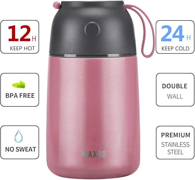 MAXSO 2 Pack Soup Thermo for Hot & Cold Food for Kids Adults, Vacuum Insulated Food Jar Thermal Lunch Containers, Travel Food Flask with Spoon (24 oz,17 oz) (Pink)