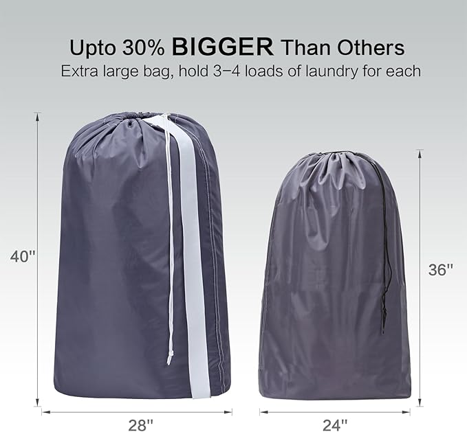 HOMEST 2 Pack XL Nylon Laundry Bag with Strap, Large Dirty Garments Organizer, Easy Fit a Hamper or Clothing Basket, Can Carry Up to 4 Loads of Clothes, Grey
