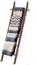 Farmhouse Wooden Blanket Ladder with Removable Hooks, 6-Tier Rustic Blanket Rack Decorative Stand, Leaning Towel Quilt Rack Holder for Bathroom Living Room Decor Brown