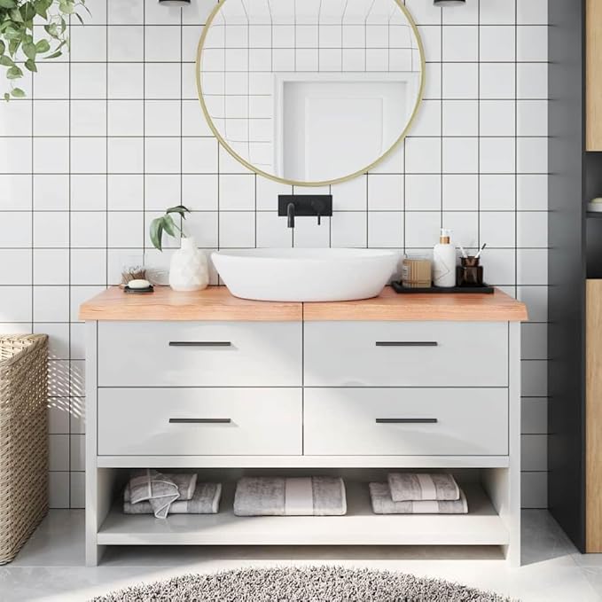 vidaXL Handmade Bathroom Countertop in Treated Solid Oak with Live Edge - Versatile Use as Vanity/Desk/Table Top - Ready-to-use Light Brown Finish, 55.1"x23.6"x(0.8"-2.4")