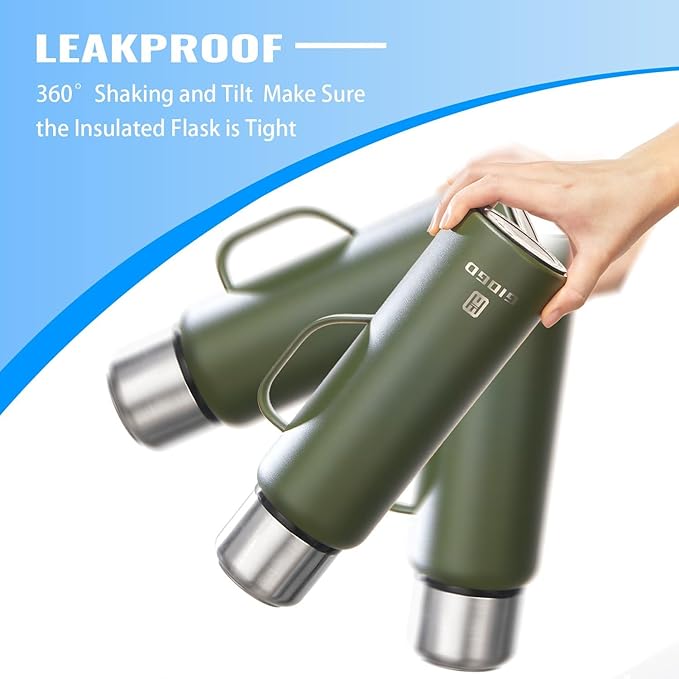Insulated Vacuum Thermo Bottle 1500ml/50.7oz with Cup Stainless Steel Coffee Bottles for Hot and Cold Drink Water Flask.(Black, with Handle, 1500ml)