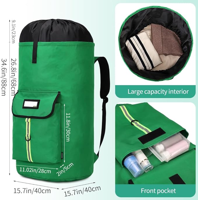 Extra-Large Heavy Duty Laundry Bag Backpack - Drawstring Closure (Grass Green)