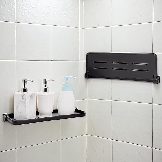 DEAYOU 2 Pack Folding Wall Shelf for Bathroom, 90° Fold Up Floating Shelf, Wall Mounted Drop Down Metal Shelves for RV, Campers, Laundry Room, Toilet Room, Kitchen, Waterproof, Space Saving, Black