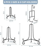 6 Pcs 3 Size Black Plate Stands for Display, 4 6 8 Inch Holder & Cup and Saucer Display Stand for Picture Frames, Book, Card, Mug Organizer, Bowl, Decorative Plates, Tablet, Art