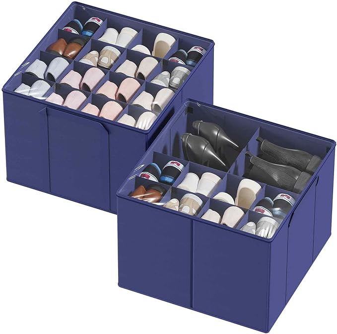 SpaceAid Shoe Organizer for Closet, 2 Pack Foldable Shoe Storage Containers Baskets Boxes Bins w/Adjustable Dividers, Fits 16-32 Pairs, Blue