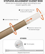 Closet Rods for Hanging Clothes, 17 to 54 Inches Stepless Adjustable Metal Closet Rod, 1.3 Inches Heavy Duty Clothes Hanging Rod for Closet Wardrobes Laundry RV(Wood Grain)