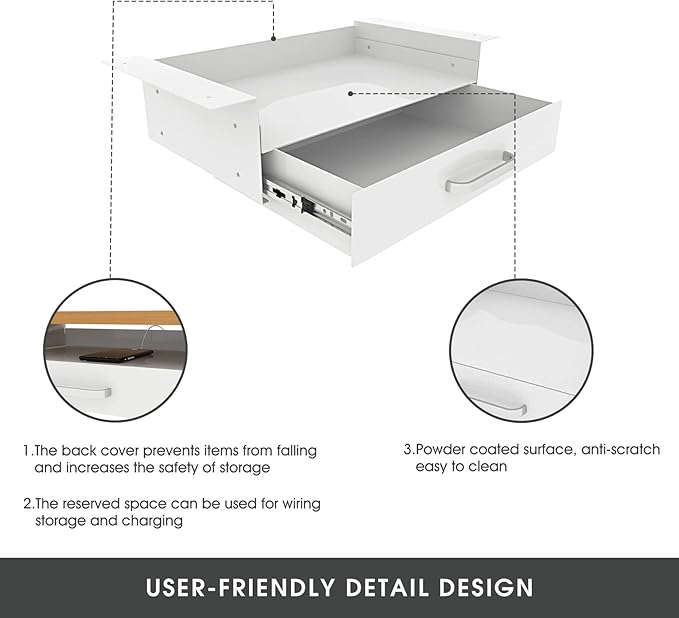 GOME White Under Desk Drawer Storage with Laptop/Book/Folders Shelf, Double Layer Easy Slide-Out Undermount Drawer Organizer with Ball Sliding Track for Home Office Sit-Stand Workstation