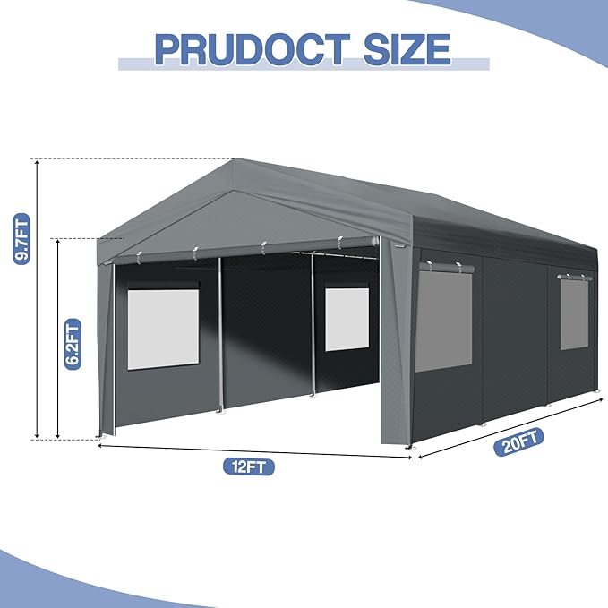 VINGLI 12x20 Carport with Galvanized Steel Frame, Portable Garage with 2 Roll-up Windows & Doors, Removable Sidewalls on Heavy Duty Carport Tents for Cars, Boats, Trucks, Dark Gray