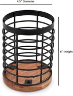EDHAS Black Iron Kitchen Utensil Holder with Acacia Wooden Base Round Flatware Storage for Countertop (4.5" x 4.5" x 6")