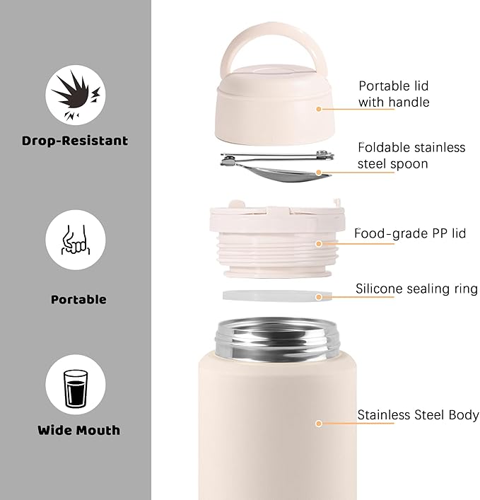 Thermo for Hot & Cold Food, 17oz Insulated Food Jar with Handle Spoon, Thermal Lunch Container, 316 Stainless Steel Lunch Box for Men Women, Keeps food Hot for 12 Hours or Cold for 24 Hours(White-S)