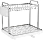 2-Tier Dish Drying Rack - Stainless Steel Dish Rack with Cutlery & Utensil Holders for Kitchen Counter, Sink Organization and Storage for Small Family, 15" W x 11.4" L x 15" H, Silver