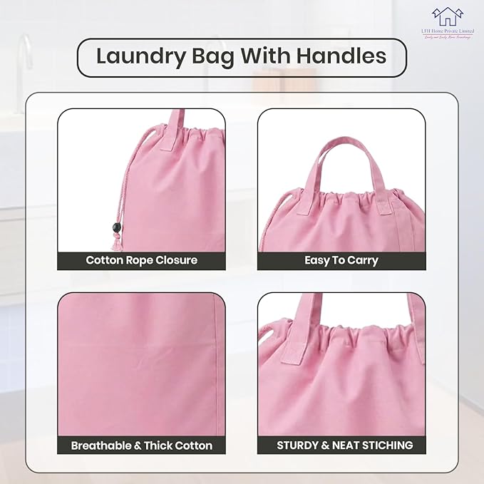 LFH Home Large Premium 1pack Cotton Canvas Laundry Bag with Drawstring and Handles Heavy Duty, Multi-Use, Washable for Home, Travel, College or Storage 24x36-Pink