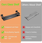 16-Inch Bathroom Glass Shelf - Matte Black Wall-Mounted Organizer - Thickened 8mm Black Tempered Glass with Safety Railing
