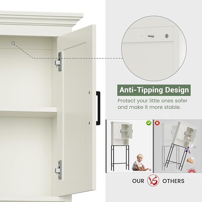 Over The Toilet Storage Cabinet, Over The Toilet Cabinet with Doors, Over Toilet Bathroom Organizer Above Toilet Storage Cabinet with Inner Adjustable Shelf and Anti-Tip Device, Cream White