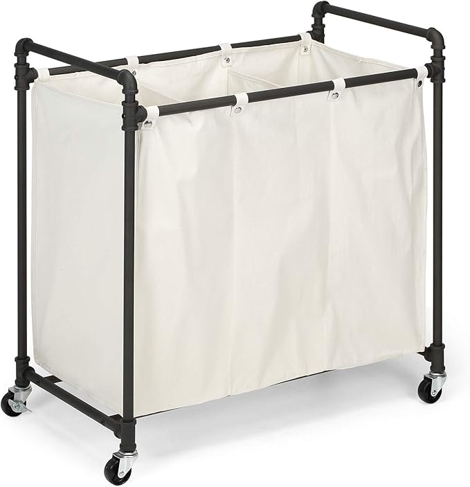 028-28003 Modern Industrial Style 3 Section Laundry Sorter, 33.24” W x 17.10” D x 30.50”H, Satin Pewter