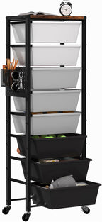 Rolling Cart with Drawers, Rolling Storage Cart with Large Plastic Drawers & Wooden Tabletop, Utility Cart with Pegboards & Basket, Storage Drawers Cart for Living Room, Classroom, Bedroom, Office