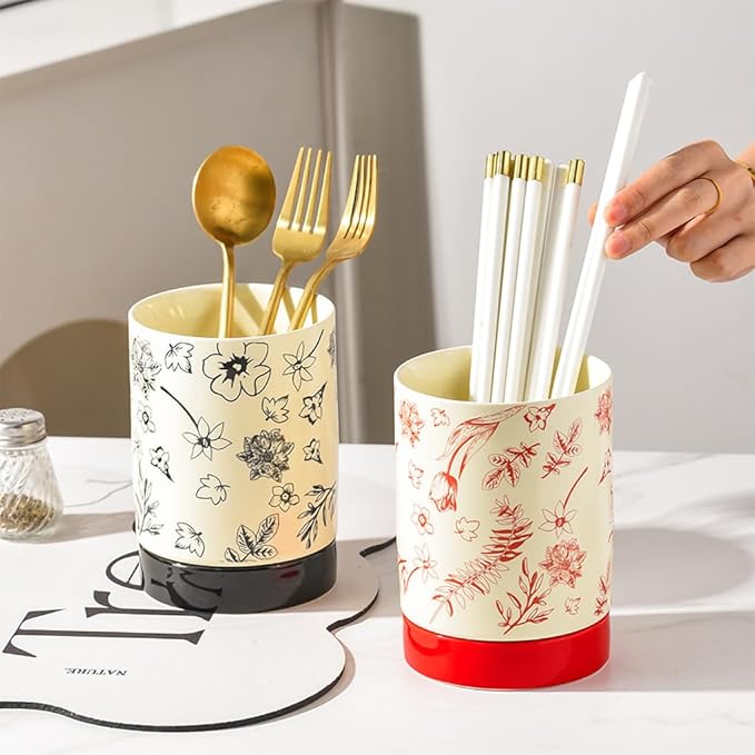 WAIT FLY Vintage Floral Porcelain Kitchen Utensil Holder with Bottom Flatware Storage Organizer Utensil Crock for Countertop Kitchen Counter Decor-Red