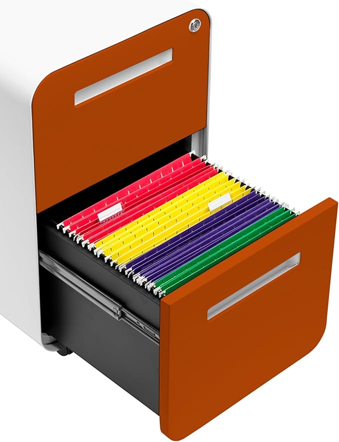 Laura Davidson Furniture Stockpile 2 Drawer Mobile File Cabinet with Lock - Under Desk Metal Filing Cabinet, Legal/Letter File Folders, Wheels and Stationary Feet, Pre-Assembled, White/Orange