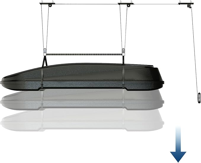 Cargo Box Garage Pulley System, Heavy‑Duty Overhead Hoist for Rooftop Cargo Boxes & Large Bins, 200 Lb Capacity, Fits 10–14 ft Garage Ceilings, Adjustable Straps & Dual Fixed‑Point Design