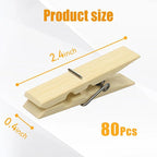 Natural Bamboo Clothespins 80-Pack Wooden Clothes Pins with Spring, 2.4 Inch Heavy Duty Rust Resistant Clips for Laundry, Crafts, Kitchen & Home Organization