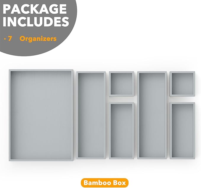 SpaceAid 7-Piece Bamboo Drawer Organizer Storage Boxes Set, Wood Tray Junk Drawer Organizers Multi-Use Divider Bins for Kitchen, Bathroom, Office Desk and Makeup Organization (7 Pack, Gray)