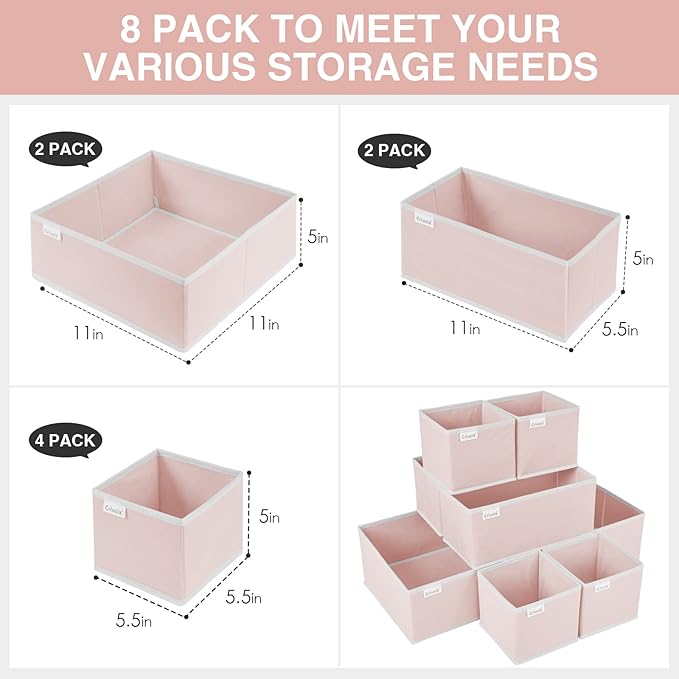 Criusia 8 Pack Underwear Drawer Organizer, Drawer Organizer Clothes, Foldable Cloth Storage Box Closet Dresser Drawer Divider Organizer for Clothes, Scarves
