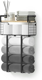 Towel Racks for Bathroom, Metal Towel Holder with Storage Basket,Wall Towel Rack for Rolled Towels, Towel Storage for Small Bathroom.