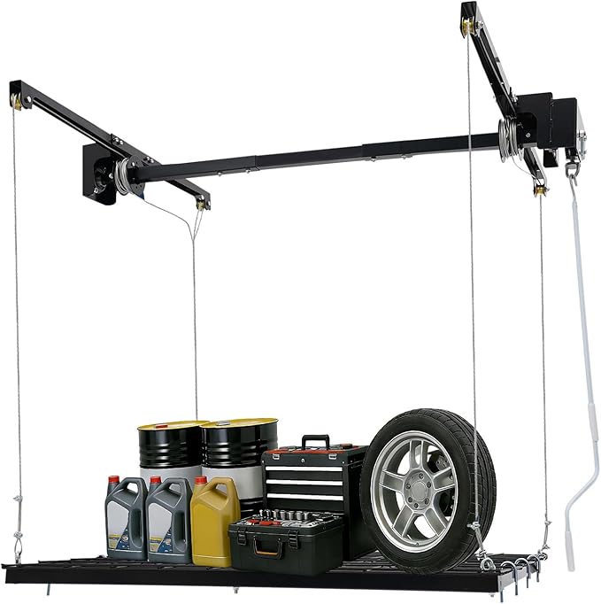 Ceiling Mount Garage Storage Rack 48x48 Inch, 300lbs Capacity Overhead Lifting Storage Rack with Adjustable Height up to 79 Inch, Heavy Duty Carbon Steel for Garage Warehouse Tool Storage, Matte Black