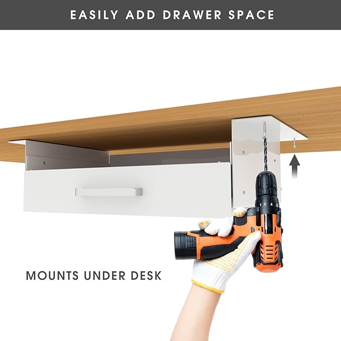 GOME White Under Desk Drawer Storage with Laptop/Book/Folders Shelf, Double Layer Easy Slide-Out Undermount Drawer Organizer with Ball Sliding Track for Home Office Sit-Stand Workstation