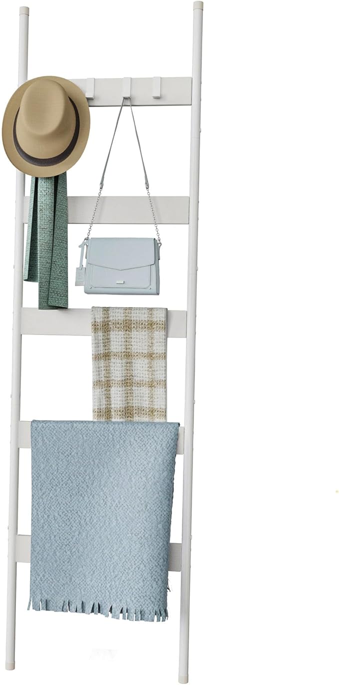 Blanket Ladder, 5-Tier Towel Holder with 4 Removable Hooks, Farmhouse Wall Leaning Decorative Rack Shelf, Wooden Towel Display Rack, Quilt Ladder for Living Room, Bedroom, White