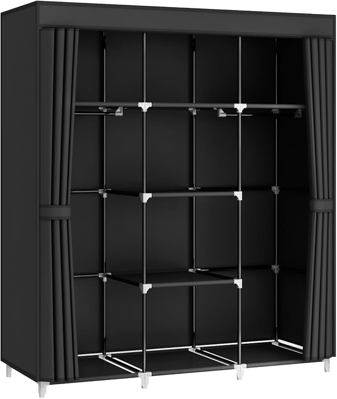 Portable Closet Wardrobe, 51-Inch Clothes Organizer with 2 Hanging Rods and 8 Shelves, Non-Woven Fabric Cover, Medium Capacity Storage for Bedroom and Living Room, Black