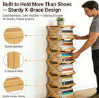 The 9-Tier No-Assembly Bamboo Rack, Foldable Stackable 9 Tier Bamboo Shoe Rack Vertical Storage Sturdy & Stable, Tall Narrow Space-Saving Expandable Shoe Rack for Entryway Closet Dorm (Brown,9 Tiers)