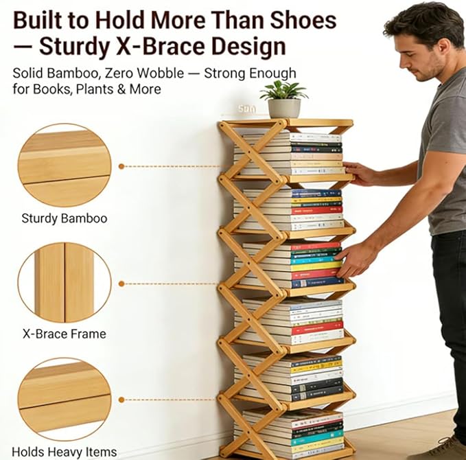 The 9-Tier No-Assembly Bamboo Rack, Foldable Stackable 9 Tier Bamboo Shoe Rack Vertical Storage Sturdy & Stable, Tall Narrow Space-Saving Expandable Shoe Rack for Entryway Closet Dorm (Brown,9 Tiers)