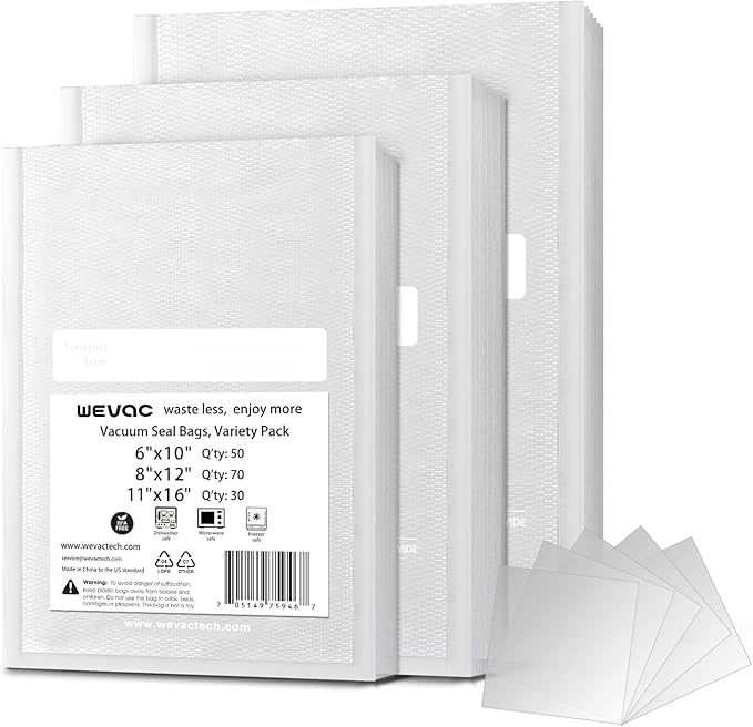 Wevac 6" x 10", 8" x 12" and 11" x 16", 150 Count, Vacuum Sealer Bags for Food Saver, Seal a Meal, Weston, Commercial Grade, BPA Free, Heavy Duty, Great for Vac Storage, Meal Prep and Sous Vide