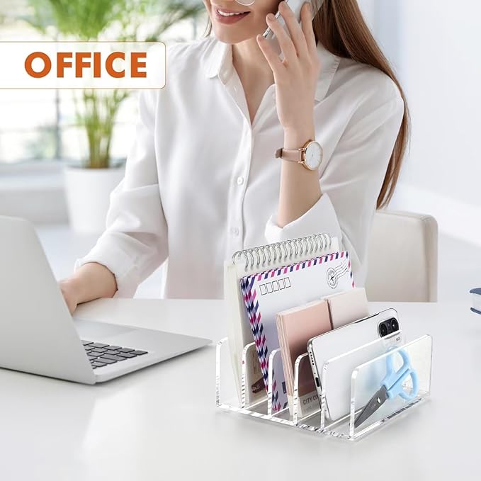 BEYGORM 2 Pack Acrylic Mail Holder, Clear Desk Organizer with Divider, Vertical Letter Sorter for Desktop, 5 Compartments Modern Office Home Envelope Organizer for Bill, Document, Notebook