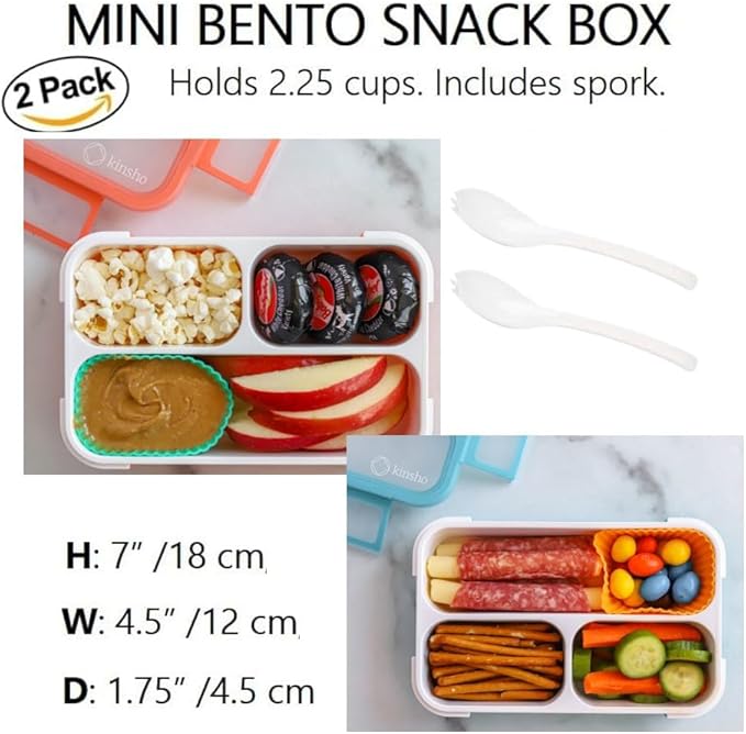 Small Snack Containers for Kids Toddlers - 3 Compartments (Set of 2) - Leak-proof Reusable Snack Boxes with Lids - BPA-Free Mini Bento Lunch Box - Ideal for School, Daycare Holds 2 Cups (Coral + Blue)