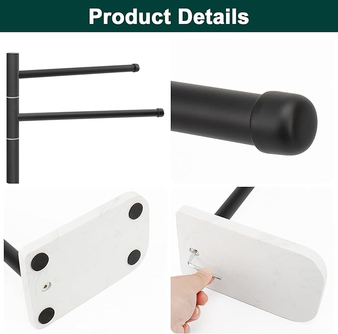 Hand Towel Holder, F-Shape Hand Towel Stand with Marble Base, Stainless Steel Swivel Hand Towel Rack Bar Standing for Bathroom Kitchen Countertop, 2 Arms (Matte Black)