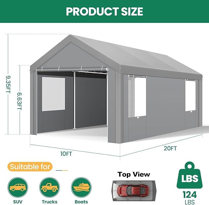 COBIZI 10x20 FT Heavy Duty Carport with Galvanized Frame, Carport Canopy with Roll-up Windows, Storage Tent with Removable Sidewalls & Doors, Built-in Sandbags for Car Boat Truck, Gray