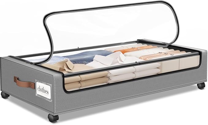 Under Bed Storage with Wheels 1Pack Underbed Storage with Clear Window&Label Under Bed Drawers Large Capacity Rolling Under Bed Storage for Clothes,Shoes, Blankets (Light Grey)