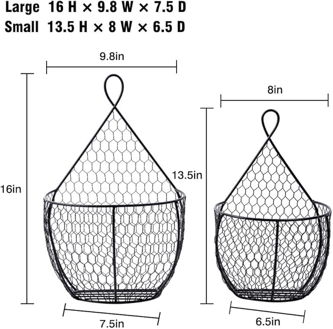 ERYTLLY Metal Fruit And Vegetable Storage Hanging Basket Wall Mounted, For Kitchen Black Wire Baskets for Flowers, Fruits and Veggies, - Set of 2