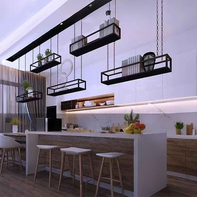 Metal Ceiling Plant Shelf with Ceiling Iron Chain Ceiling Mounted Storage Racks/Shelving for Bars Restaurants Kitchens - Decor Stand/Floating Organizer Shelves(60x25x15cm)