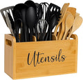 Bamboo Kitchen Utensil Holder for Countertop – Large 3-Compartment Organizer & Caddy with Drain Holes, Farmhouse Utensil Holder for Kitchen Counter, Rustic Wood Storage for Spoons & Spatulas