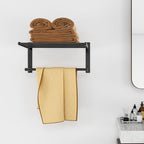 Bathroom Shelf with Towel Bar, 16" Metal Towel Racks for Bathroom Wall Mounted, Rustproof Towel Rack with Shelf Shower Towel Holder Apartment Essentials Bathroom Accessories - Black
